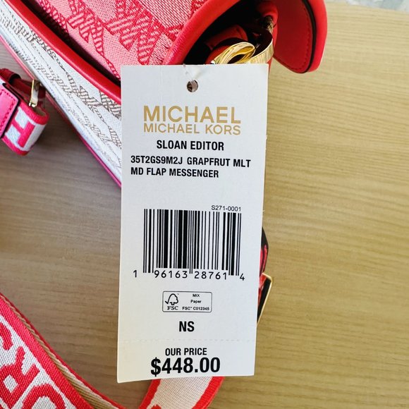 Michael Kors Sloan Editor Medium Logo Jacquard Messenger Bag Grapefruit Multi - Picture 9 of 9